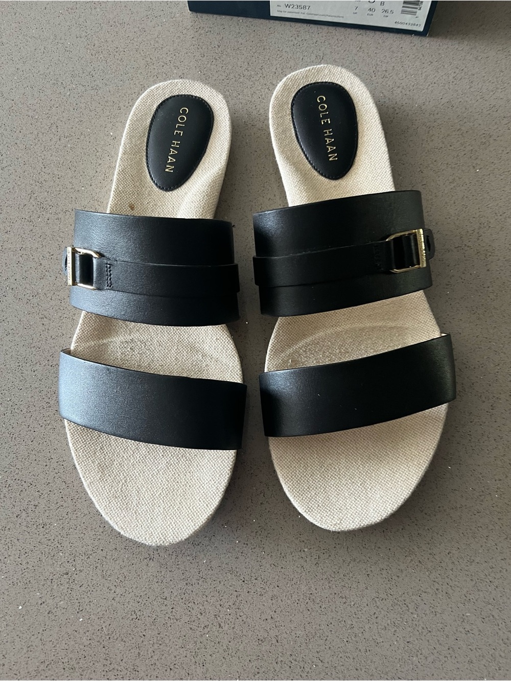 Cole Haan Francine Demi Slide Sandals Blk Leather Gold Buckle w/Grand 360 Soles